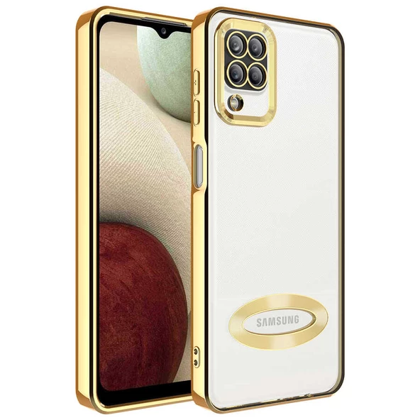 Samsung Galaxy M12 Kılıf Kamera Korumalı Logo Gösteren Zore Omega Kapak  Gold