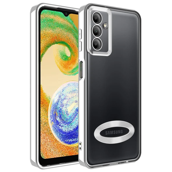 Samsung Galaxy A04S Kılıf Kamera Korumalı Logo Gösteren Zore Omega Kapak Lyon Tech  Gümüş