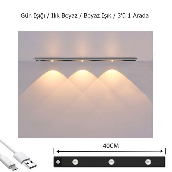 Sensörlü Şarjlı 3 Farklı Işık Renkli Dimmerli 40cm Siyah Cata Bella Ultra Slim Kabin Led - 3