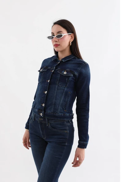 Kadın Koyu Mavi Slim Fit Jean Ceket - 6
