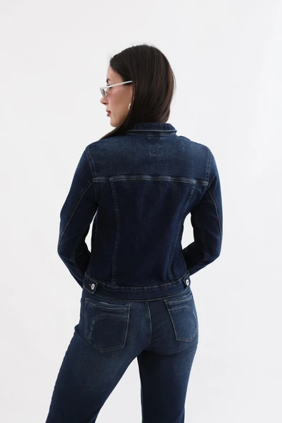 Kadın Koyu Mavi Slim Fit Jean Ceket - 7