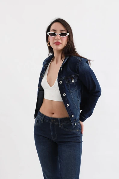Kadın Koyu Mavi Slim Fit Jean Ceket - 4
