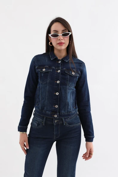 Kadın Koyu Mavi Slim Fit Jean Ceket - 5