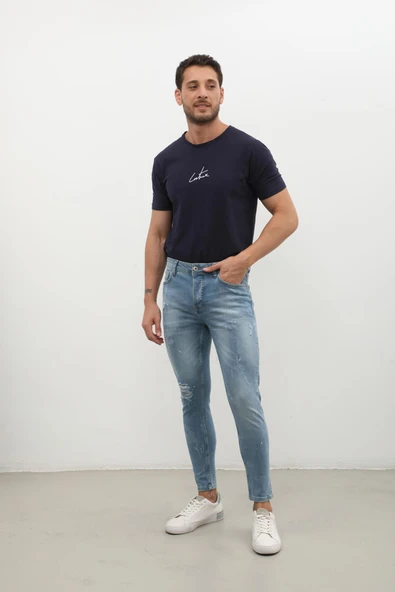 Erkek Skinny Ripped Jean Açık Mavi - Resim 3