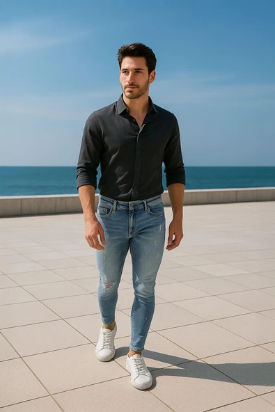 Erkek Skinny Ripped Jean Açık Mavi ürün görseli 1