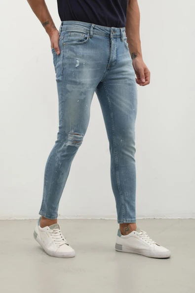 Erkek Skinny Ripped Jean Açık Mavi - Resim 9