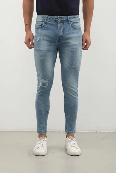 Erkek Skinny Ripped Jean Açık Mavi - Resim 8