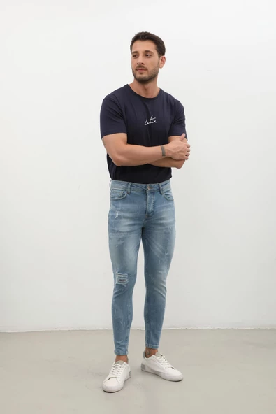 Erkek Skinny Ripped Jean Açık Mavi