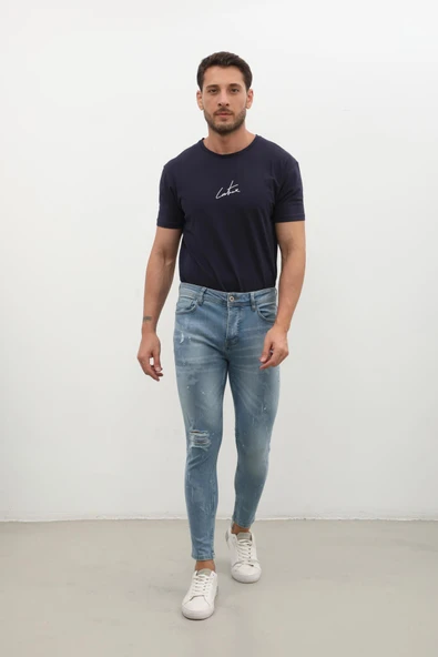 Erkek Skinny Ripped Jean Açık Mavi - Resim 4