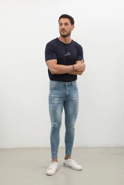 Erkek Skinny Ripped Jean Açık Mavi - Resim 2