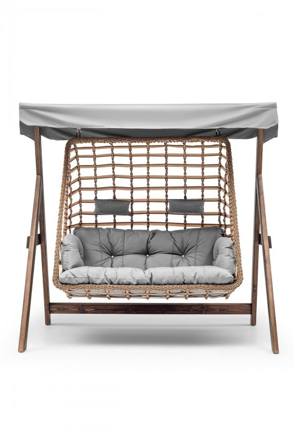 Girne Swing Ahşap Rattan Salıncak Dış Mekan Bahçe Balkon Ve Teras Salıncağı Gri - 2