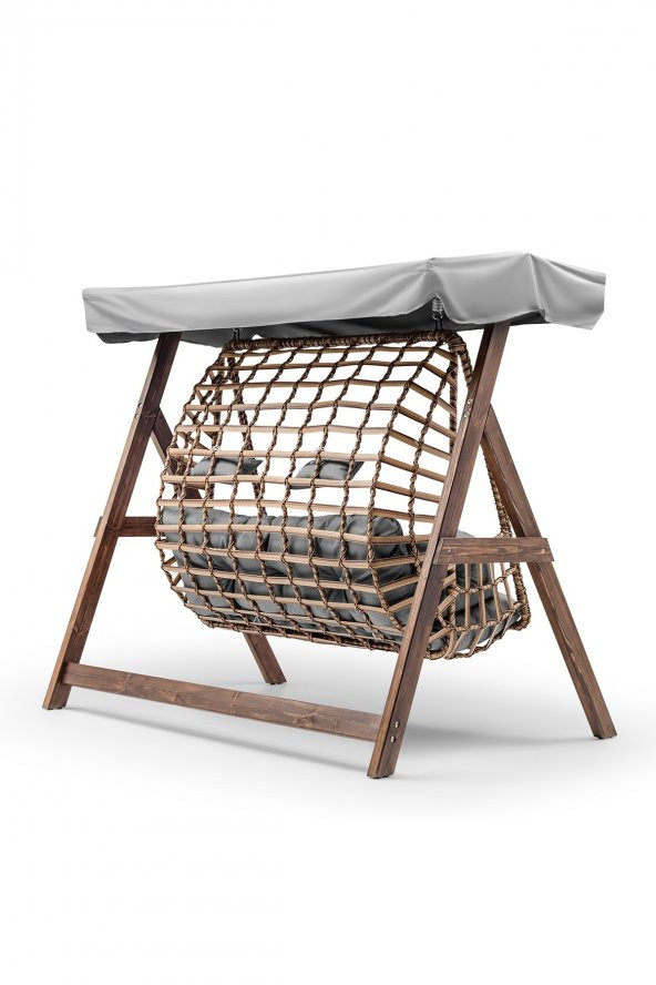 Girne Swing Ahşap Rattan Salıncak Dış Mekan Bahçe Balkon Ve Teras Salıncağı Gri - 4
