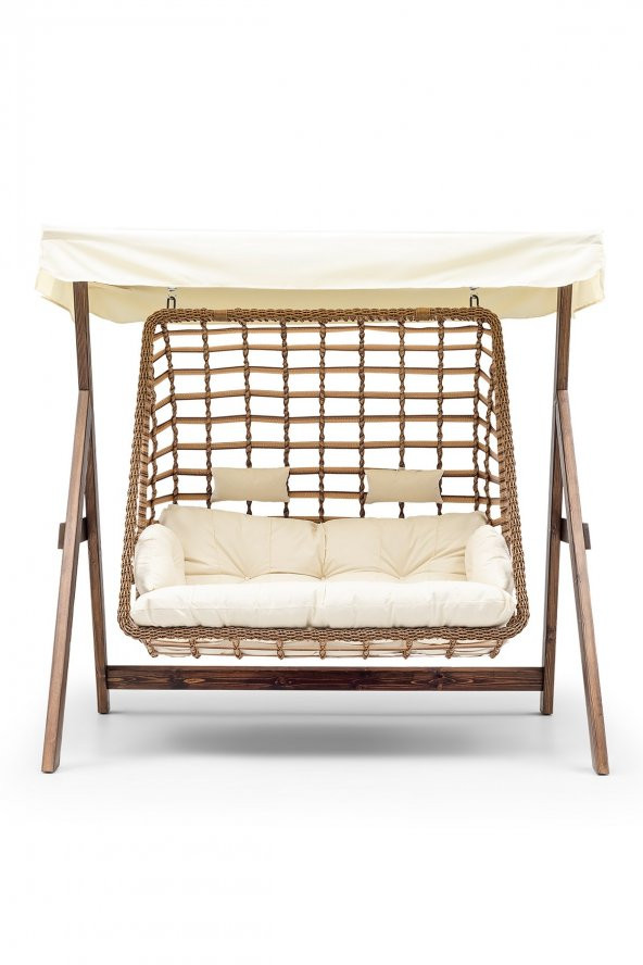 Girne Swing Ahşap Rattan Salıncak Dış Mekan Bahçe Balkon Ve Teras Salıncağı Krem - 2