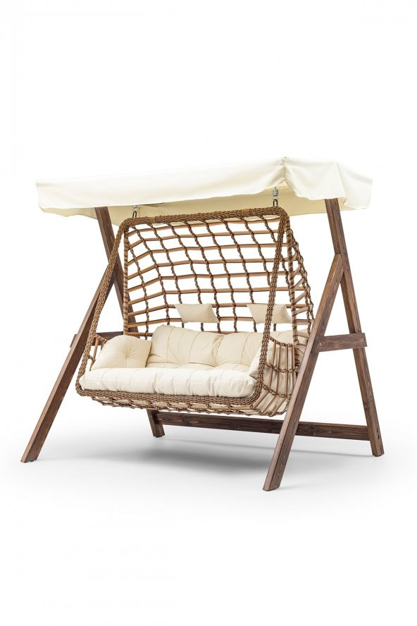 Girne Swing Ahşap Rattan Salıncak Dış Mekan Bahçe Balkon Ve Teras Salıncağı Krem - 3