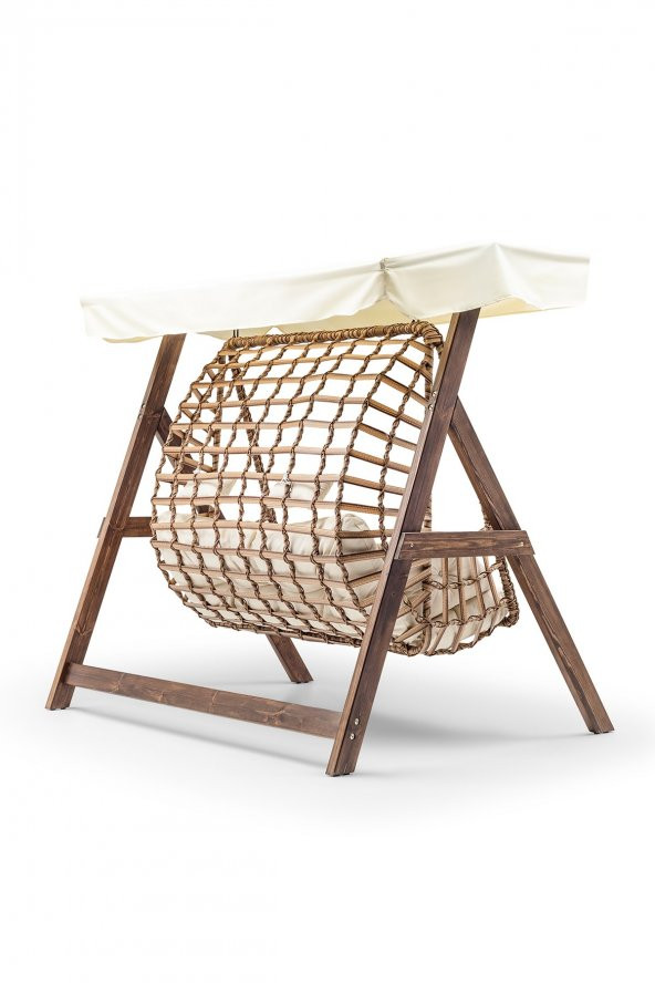 Girne Swing Ahşap Rattan Salıncak Dış Mekan Bahçe Balkon Ve Teras Salıncağı Krem - 4