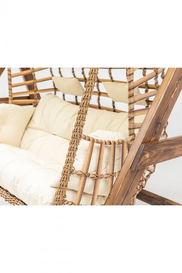 Girne Swing Ahşap Rattan Salıncak Dış Mekan Bahçe Balkon Ve Teras Salıncağı Krem - 5