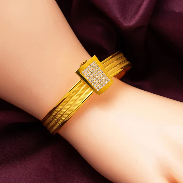 Taşlı Tokalı 3 Sıra 14 Ayar Hasır Altın Kilitli Bilezik - Resim 2