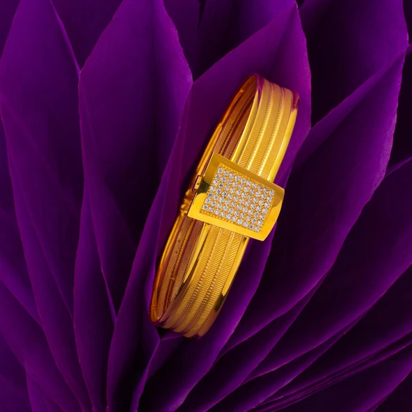 Taşlı Tokalı 3 Sıra 14 Ayar Hasır Altın Kilitli Bilezik - Resim 5