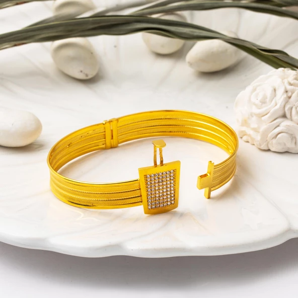 Taşlı Tokalı 3 Sıra 14 Ayar Hasır Altın Kilitli Bilezik - Resim 3