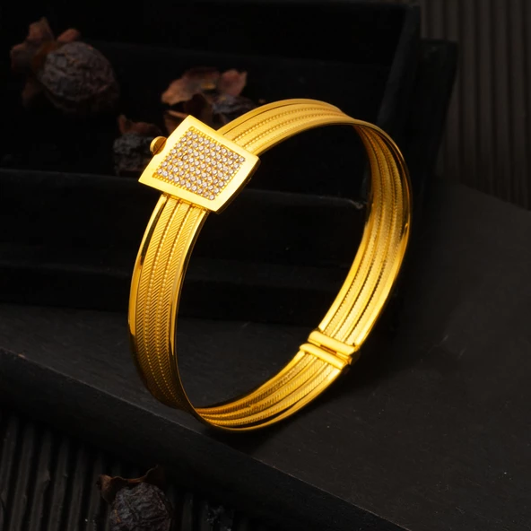 Taşlı Tokalı 3 Sıra 14 Ayar Hasır Altın Kilitli Bilezik - Resim 4