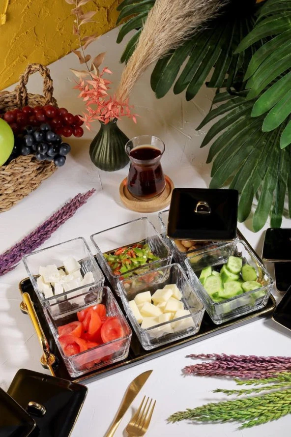 Arow Candy Tepsili Cam Kahvaltı Takımı 6 Lı Set Siyah TR-3028 - 2