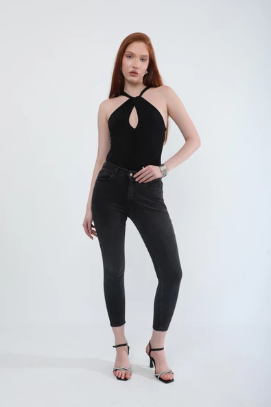 Kadın Likralı Skinny Fit Jean Pantolon Koyu Antrasit