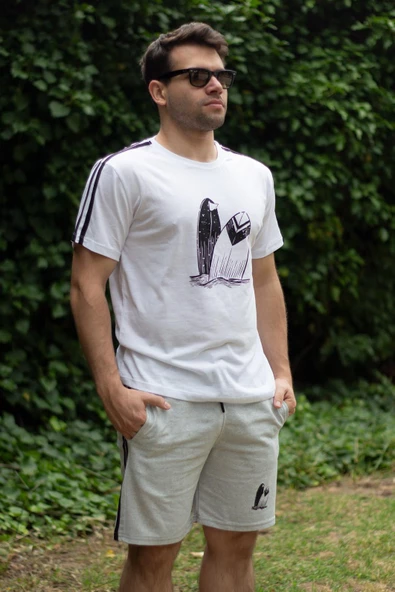 Erkek Gri Beyaz Alt Üst Takım Pamuklu Rahat Yumuşak Dokulu Şort Takım 23EEST0171 - 3