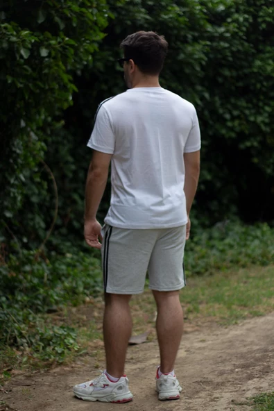 Erkek Gri Beyaz Alt Üst Takım Pamuklu Rahat Yumuşak Dokulu Şort Takım 23EEST0171 - 8