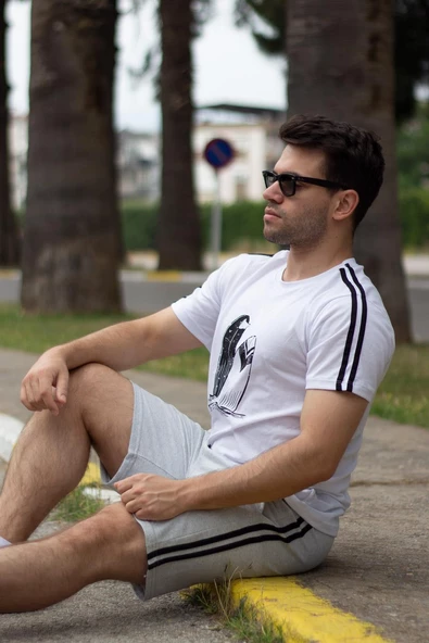 Erkek Gri Beyaz Alt Üst Takım Pamuklu Rahat Yumuşak Dokulu Şort Takım 23EEST0171 - 9