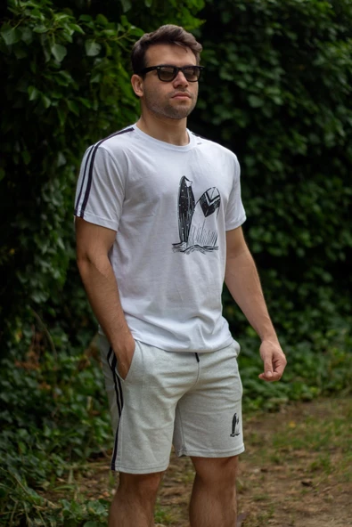 Erkek Gri Beyaz Alt Üst Takım Pamuklu Rahat Yumuşak Dokulu Şort Takım 23EEST0171 - 5