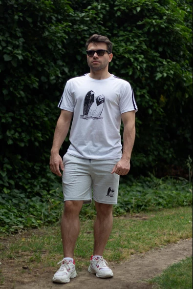 Erkek Gri Beyaz Alt Üst Takım Pamuklu Rahat Yumuşak Dokulu Şort Takım 23EEST0171 - 4