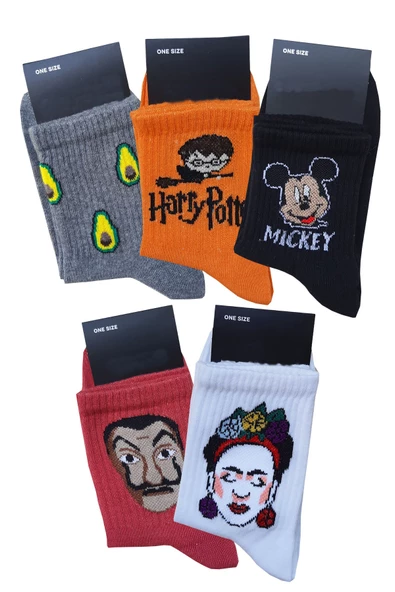 5li Unisex Desenli Kısa Konç Çorap Pamuklu Eğlenceli Tenis Spor - 4