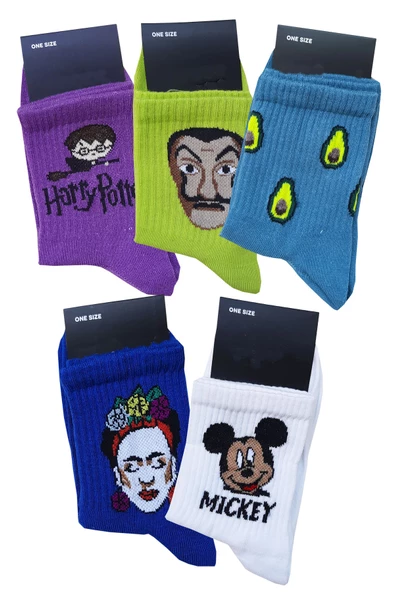 5li Unisex Desenli Kısa Konç Çorap Pamuklu Eğlenceli Tenis Spor - 2