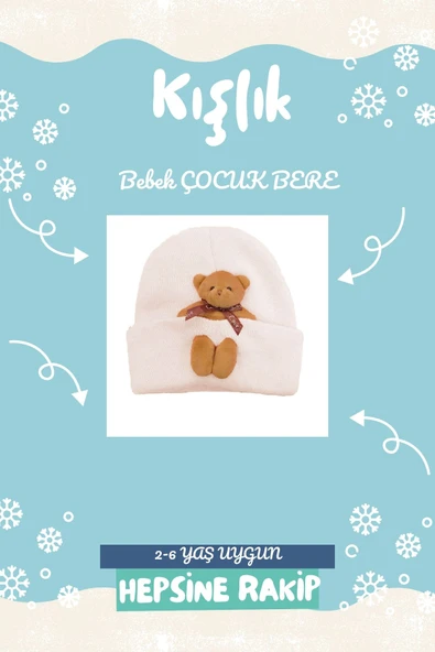 Kız Erkek Bebek-Çocuk Triko Bere Esnek Rahat Çıkabilir Oyuncak Ayı Aksesuarlı (2-6 Yaş) - 4