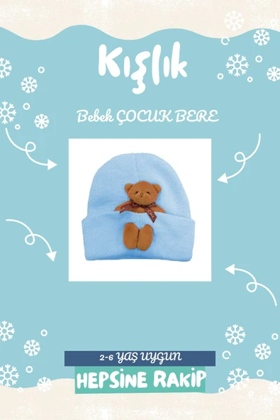 Kız Erkek Bebek-Çocuk Triko Bere Esnek Rahat Çıkabilir Oyuncak Ayı Aksesuarlı (2-6 Yaş) - 3