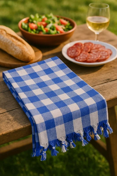 150x150 Cm Kareli Yer Sofra Bezi Piknik Masa Örtüsü Saçaklı - 12