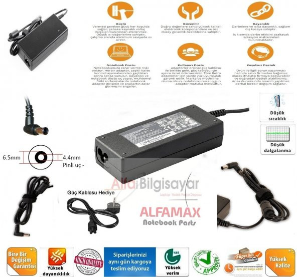 Sony Vaio VGN-SR, VGN-SR11, VGN-SR21, VGN-SR31, VGN-SR41 Adaptör, Şarj Aleti Güçlü Güvenli A+++ 1.Kalite