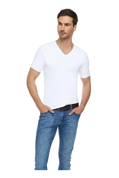 Tutku İç Giyim Elit Likralı V Yaka Kısa Kol Erkek Fanila - 2