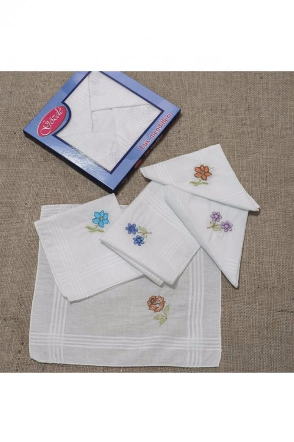 Gözde İşlemeli Bayan Mendili 12 Adet 28x28 cm 100 Pamuk