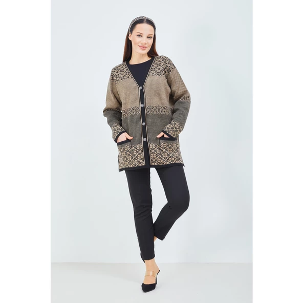 Kadın Vizon Renk Desenli Triko Düğmeli Cepli Kışlık Anne Hırkası - 6