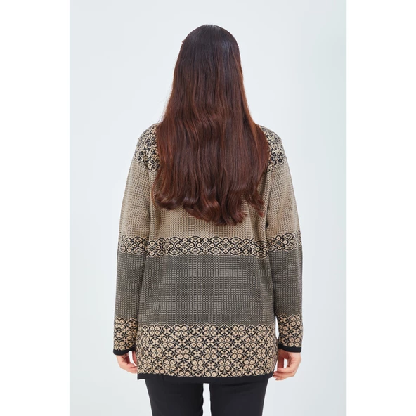 Kadın Vizon Renk Desenli Triko Düğmeli Cepli Kışlık Anne Hırkası - 8