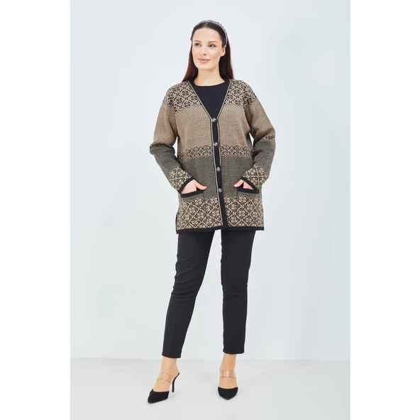 Kadın Vizon Renk Desenli Triko Düğmeli Cepli Kışlık Anne Hırkası - 7
