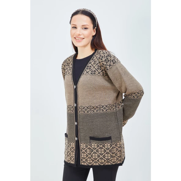 Kadın Vizon Renk Desenli Triko Düğmeli Cepli Kışlık Anne Hırkası - 5