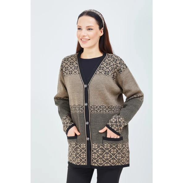 Kadın Vizon Renk Desenli Triko Düğmeli Cepli Kışlık Anne Hırkası - 4