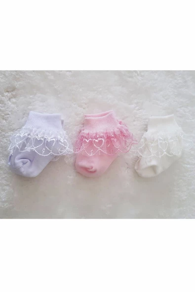 3lü Kız Bebek Dantelli Çorap Pamuklu Likralı Esnek - 3