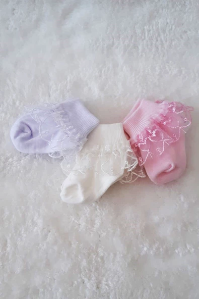 3lü Kız Bebek Dantelli Çorap Pamuklu Likralı Esnek - 4