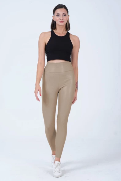 Kadın Deri Tayt Şardonlu Yüksek Bel Toparlayıcı Esnek Rahat - 2