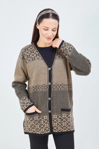Fresh&Moda Kadın Vizon Desenli Düğmeli Triko Cepli Kışlık Anne Hırkası - 2