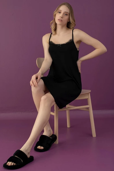 Kadın İp Askılı Viskon Elbise Diz Üstü Gecelik Yumuşak Esnek ELZ - 2