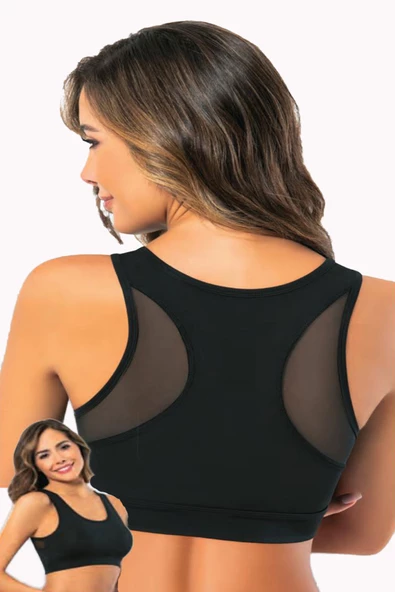 Kadın Geniş Askılı Sporcu Büstiyer Sırt Transparan Dalgıç Pedli Krop - 2